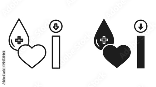 Blood Donation Icons: Heart, Blood Drop with Plus Symbol, and Information Icon
