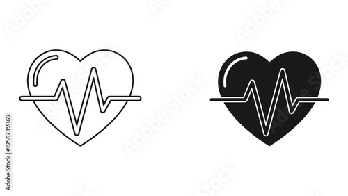 Heartbeat EKG Line Icon Set - Medical Cardiology Symbol in Outline and Solid Black