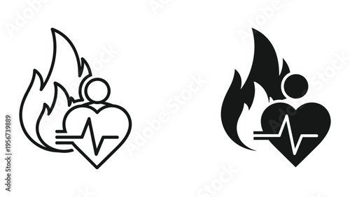 Heartbeat and Fire Icon Set: Health Emergency, Stress, Vitality Symbol