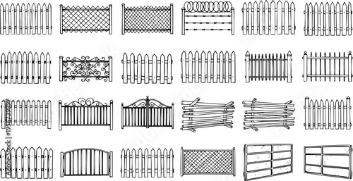 Fence Collection: Various Designs, Styles, and Materials Line Art Illustration