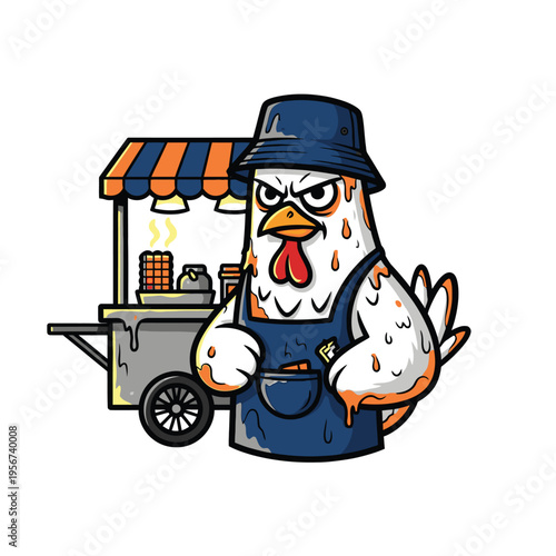 Cartoon chicken wearing blue overalls.