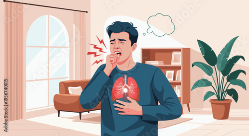 Ill man coughing with chest pain and lungs illustration, concept vector art for respiratory illness