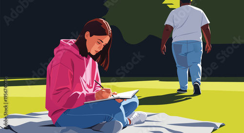 An engaged vector illustration captures a young woman studying outdoors, engrossed in her book on a sunny day with a person walking away