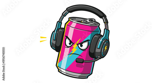 Angry soda can wearing headphones.