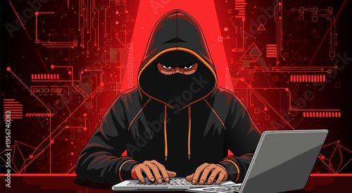 Cyber Criminal Hacker Concept Vector Illustration Showing a Hooded Figure Typing on a Laptop Keyboard with Red Digital Network Background
