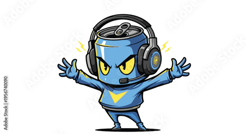 Cartoon robot wearing headphones aggressively.
