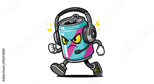 Cartoon paint can wearing headphones running.
