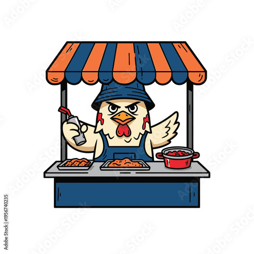 Angry Chicken Cooking Food Cart Vendor.