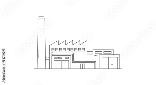 Industrial factory building with smokestack.