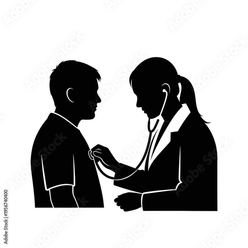 Doctor listens to a boy's heartbeat with a stethoscope in a medical examination.