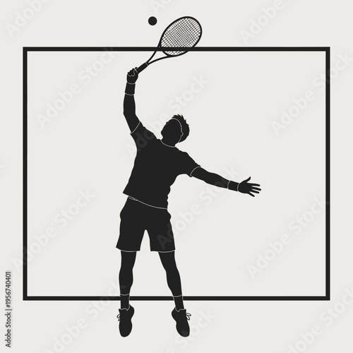 Tennis player serves ball with racket in hand on court surface.