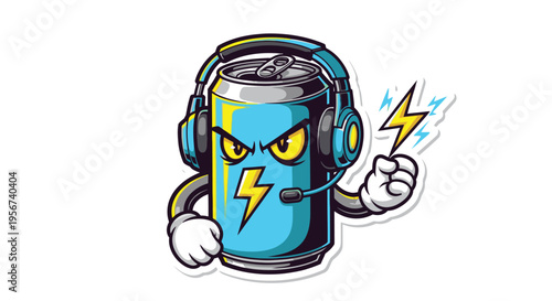 Cartoon can with angry face headphones.