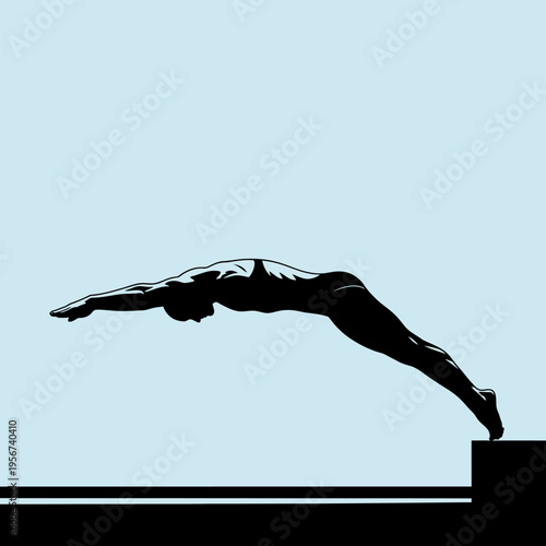 A person jumping off a platform into water in a diving motion with arms extended.