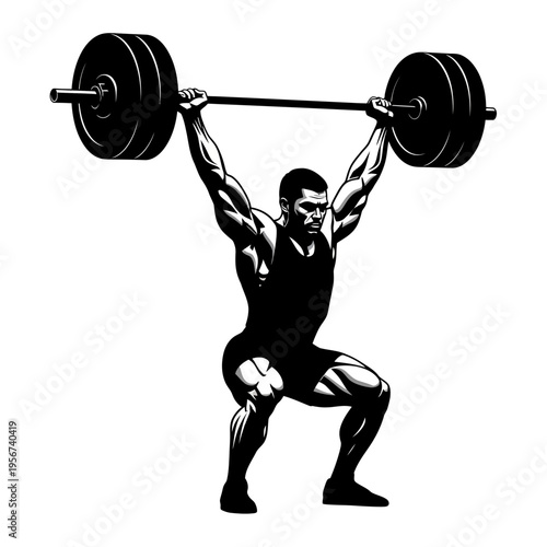 A muscular man lifting a heavy barbell overhead in a squat position with determination and strength.