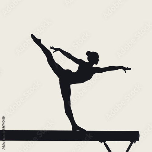 A gymnast performs balance beam routine with skill and precision in a steady pose.
