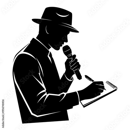 A man in a suit and hat holds a microphone and writes on a notebook.