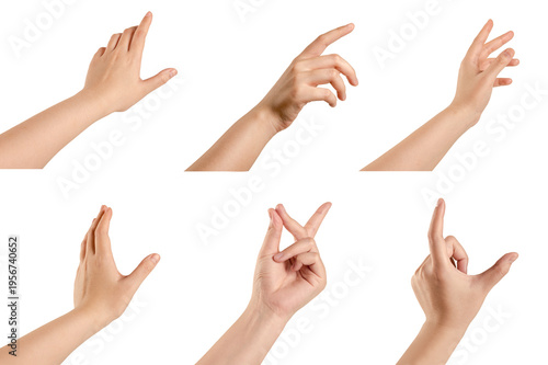 Set of hand gesturing and showing isolated on white background.