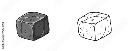 Magnetite stone cube vector illustrations shown in colored cartoon and black outline linear styles, dark grey and charcoal mineral tones, representing natural rock on white background