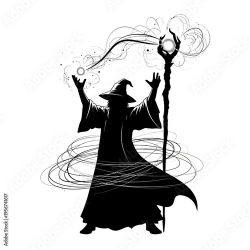 A wizard casts magic with a staff and glowing orbs in a mystical swirling environment.