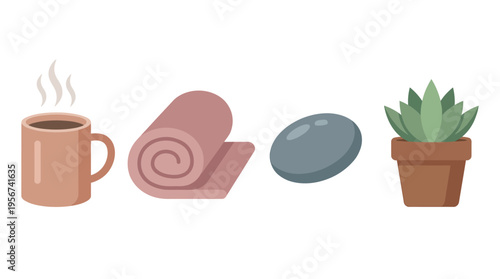 A collection of items for relaxation and wellness, including a steaming mug, a rolled towel, a smooth stone, and a potted succulent plant.
