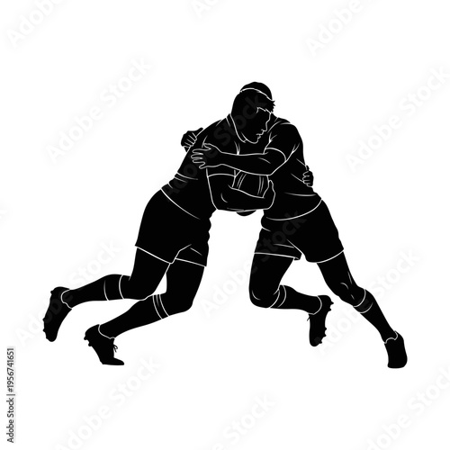 Rugby players tackle each other on field during intense match