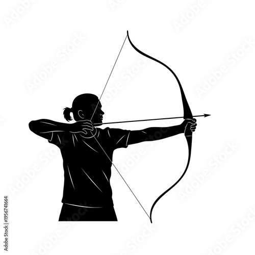 A woman is aiming a bow and arrow in a focused stance for sports.