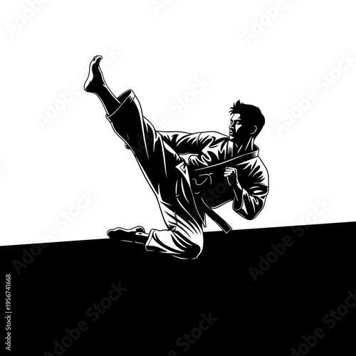Martial artist executes a dynamic kick in a fighting stance with one leg raised high.