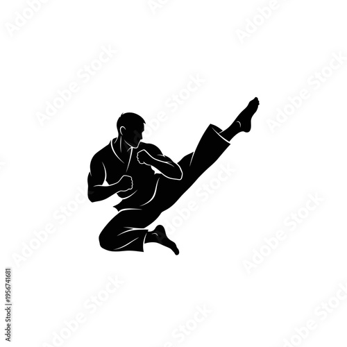Man in karate uniform kicking high in the air with one leg.