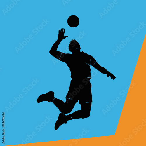 Man jumping to hit volleyball with hand on blue background