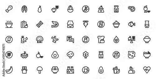 Nutrition icon set. Healthy food vector icons. Includes symbols for diet, protein, vitamins, fitness, no sugar, gluten free, and more. Editable stroke.