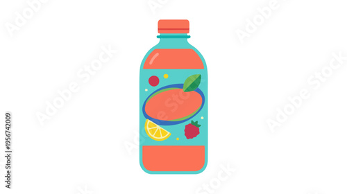 Colorful fruit juice bottle illustration in simple flat cartoon style.