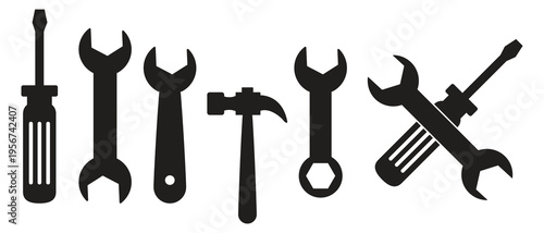 Tool icons set. Wrench, screwdriver and hammer icon. Screwdriver and wrench glyph icon. Settings and repair, service sign - stock vector..eps