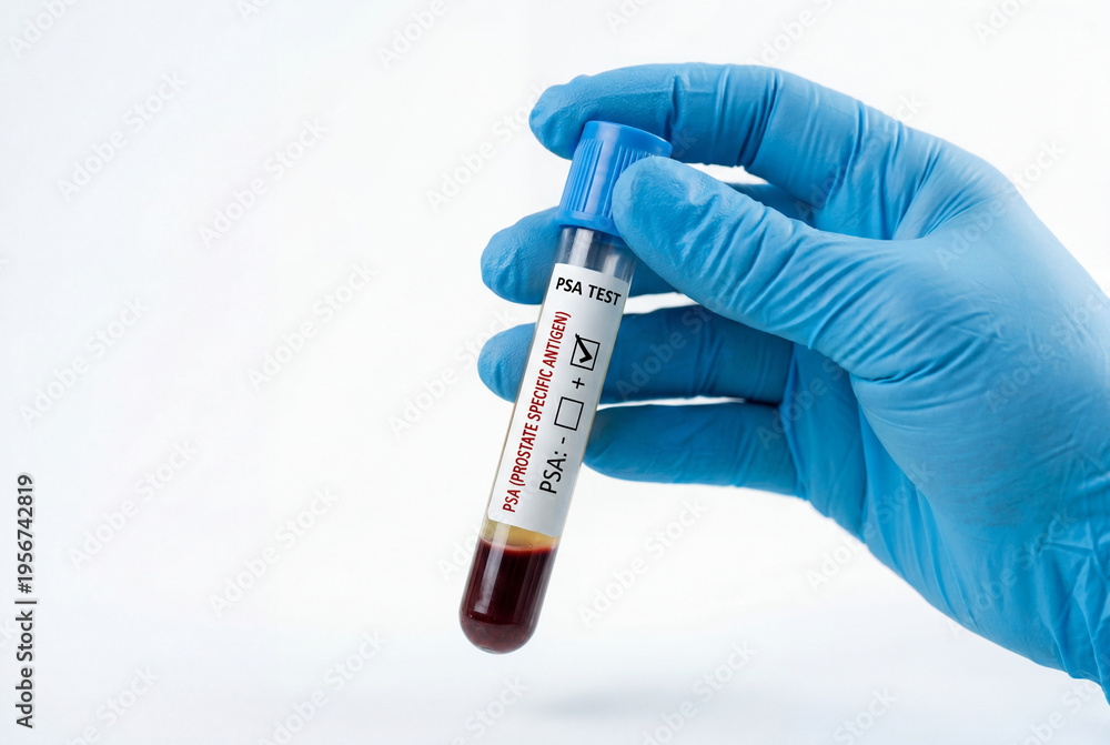 Obraz premium Gloved hand holding a blood sample tube labeled for PSA test