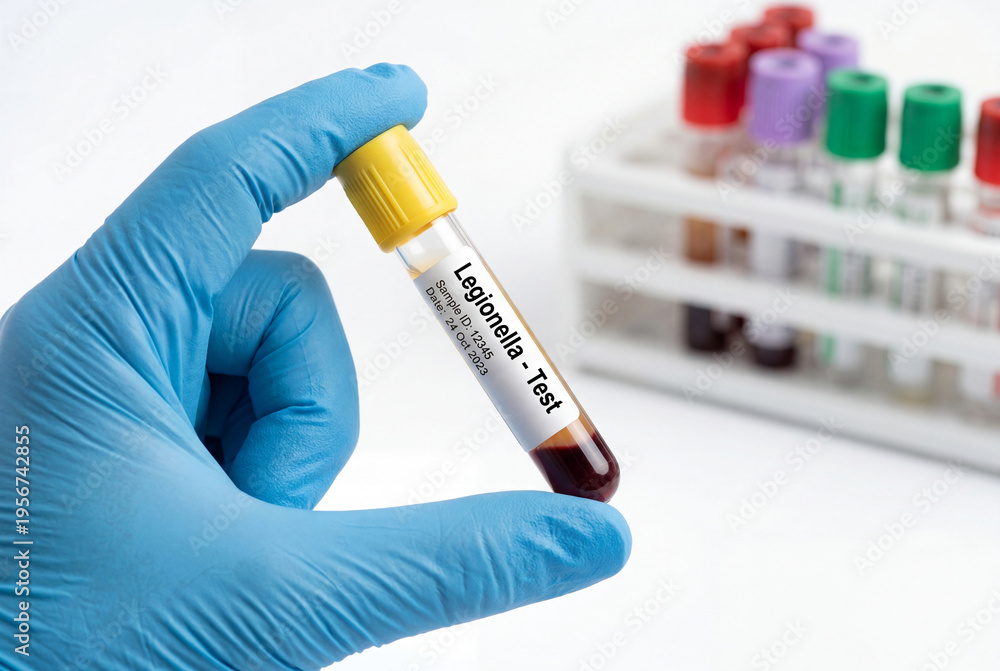 Naklejka premium Gloved hand holding a legionella test blood sample tube