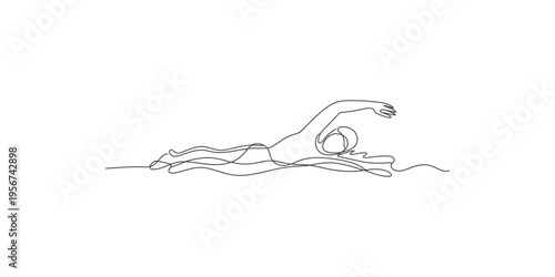 A person swimming freestyle in a minimalist one-line drawing style one line art stroke swimmer