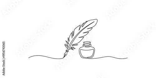 A quill pen and inkwell in a simple line drawing style on white background illustration