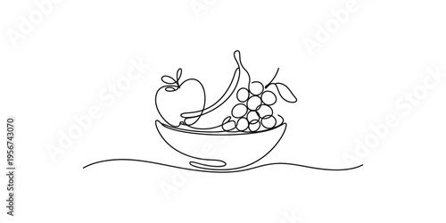 Continuous line drawing of fruit bowl with apple banana and grapes illustration simple minimalist healthy