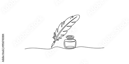 A quill pen and inkwell in a simple line drawing style on white background writing