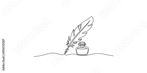 A quill pen and inkwell in a simple line art style illustration drawing writing stationery