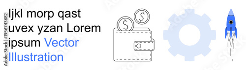 Finance, innovation, startup business, technology, digital economy, entrepreneurship. Wallet with coins, gear and rocket imagery. Finance and innovation concept related to startups and technology