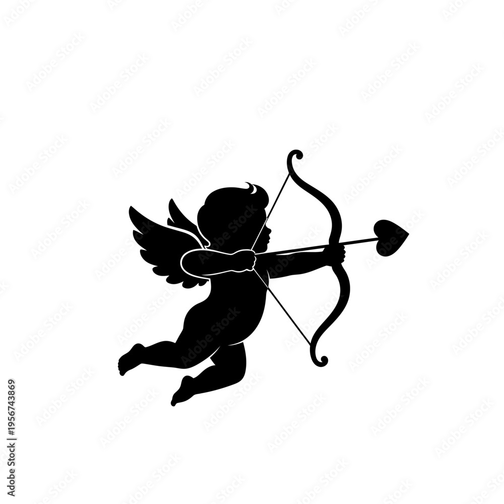 Fototapeta premium A cherub flies while aiming a bow and arrow with a heart shaped tip.
