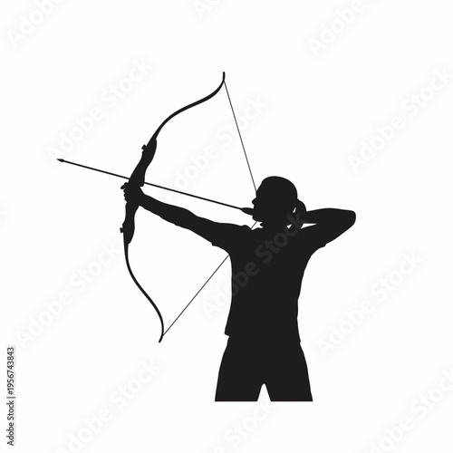 A person is aiming a bow and arrow in a focused stance with arms extended.