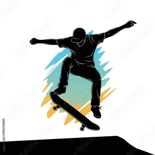 Skateboarder performs aerial trick on ramp with colorful background illustration