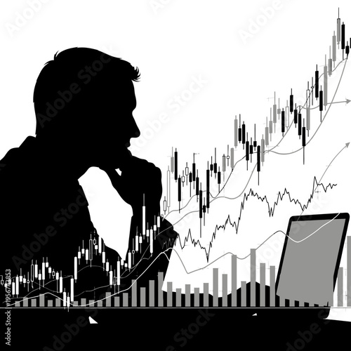 Man sitting at laptop analyzing stock market graphs and charts on screen.