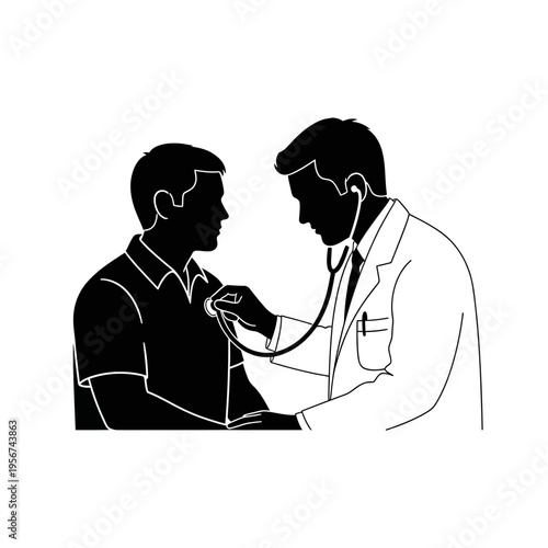 Doctor examines patient with stethoscope in medical setting for health checkup and diagnosis.