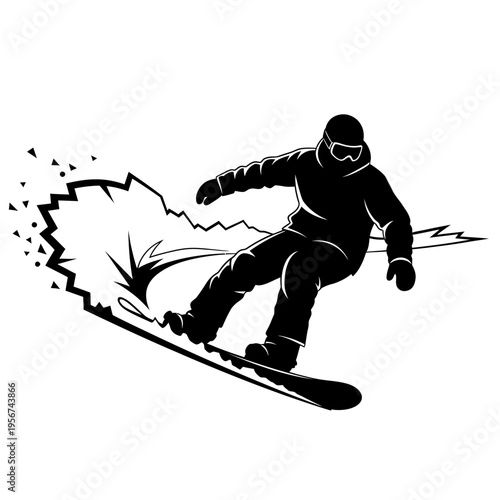 Snowboarder performs sharp turn on mountain slope trails.