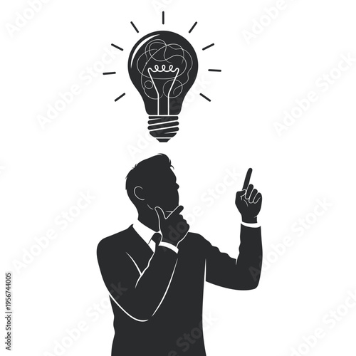 A man in a business suit thinks with a lightbulb above his head symbolizing an idea.
