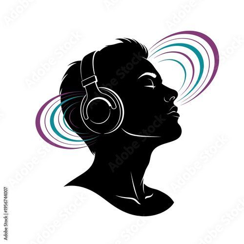 A woman wearing headphones with colorful sound waves emanating from her ears in a lively environment.