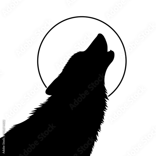 A wolf silhouette howls at the full moon in a circular frame on a white background.