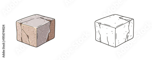 Quartzite stone cube vector illustrations shown in colored cartoon and black outline linear styles, beige and light grey mineral tones, representing natural rock on white background